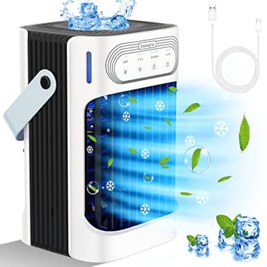 FethFire Mini Aire Acondicionado Portatil, Enfriador de Aire de 800 ml, 3 Velocidades,3 Nebulización, 2-8H Cronometrado,7 LED Climatizador Portatil para Dormitorios,Oficinas(10W)