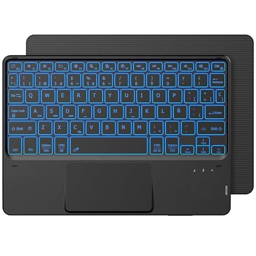 CACOE Teclado con TouchPad, Teclado Bluetooth Inalámbrico de 10 Pulgadas, [Español] Teclado Delgado y Ligero retroiluminado para iPad,Android Samsung Tablet, Xiaomi Pad, Huawei, Lenovo, Negro
