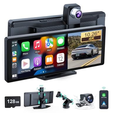 Pantalla Coche 10,26 Pulgadas, Compatible con CarPlay inalámbrico y Android Auto, Pantalla Carplay con grabadora de conducción Delantera y Trasera 4K+1080P, con Mirror Link/128G TF