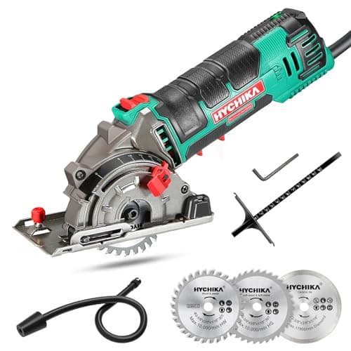 HYCHIKA BETTER TOOLS FOR BETTER LIFE Mini Sierra Circular de Mano, 500W, 4500RPM, 3 Hojas de 30T+36T+Diamante, Ideal para Cortar Azulejo, Madera, Metal Blando, Plástico, 25 cm