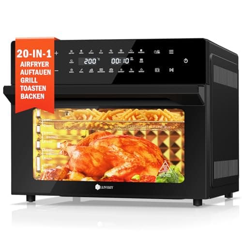 LLIVEKIT 30L Freidora de Aire Horno XXL con Asador Giratorio, Horno Freidora sin Aceite con 20 Programas y 9 Accesorios, Air Fryer Pantalla Táctil LED, Convección con Recetas, 1800W, 80°C-230°C