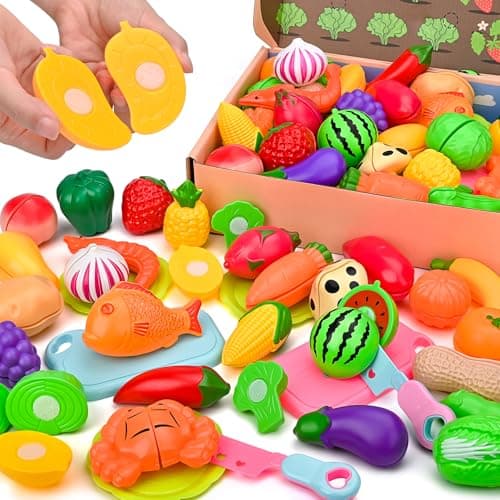 Niurome 45pcs Cocina Juguete, Juguetes Accesorios de Cocina para Niños, Plástico Frutas y Verduras Juguetes, 3 en 1 Regalo de Cumpleaños de Navidad Niñas Niños