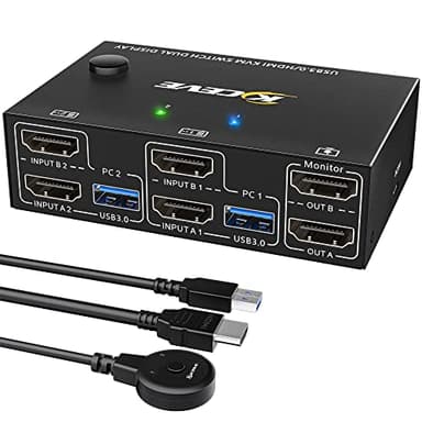 USB 3.0 HDMI Conmutador KVM 2 PC 2 Monitores, Simulación EDID, 4K@60Hz Pantalla extendida, HDMI 2.0, Dual Monitor KVM Switch 2 PC Teilen Kabellose Tastatur, Maus, mit Wired Remote y 4 Kabeln