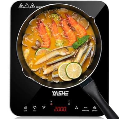 YASHE Placa de inducción – Placa de inducción portátil, 10 ajustes de potencia y 10 ajustes de temperatura. Placa de inducción de 2000 vatios, temporizador de 4 horas, bloqueo para niños