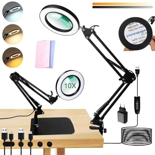 UCAMP Lupa con Luz,10X LED de Lampara Escritorio,Lámpara de Aumento,Lupa con Luz y Soporte,Lupa de Esteticista,Lupa con Luz Led para Manualidades,Costura,Reparación