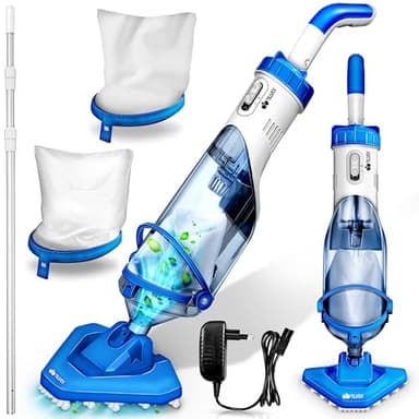 tillvex Aspirador de piscina con batería y barra telescópica + filtro de repuesto de hasta 15 m³ | Aspiradora eléctrica para piscina con filtro y 60 min de autonomía | Set de limpieza inalámbrico
