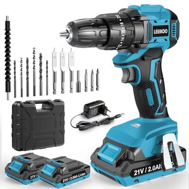 LEEIKOO Taladro Percutor a Bateria 21V, Sin Escobillas Taladro Atornillador Bateria, Atornillador Electrico 45N.m con 2 x Baterías 2.0Ah, 20+3 Ajuste de Par, 14 Accesorios, 2 Velocidad Para Bricolaje