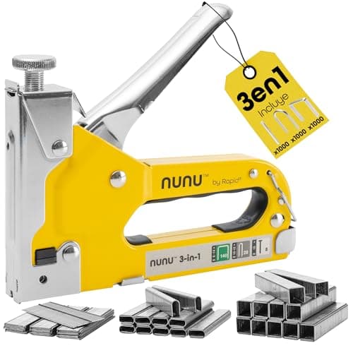 Rapid NUNU Grapadora Manual 3 en 1 para Madera con 3.000 Grapas y clavos. Grapadora Profesional para Tapicería, Paredes, Moquetas y Fijación de Cables, Potencia Ajustable, Diseño Ergonómico