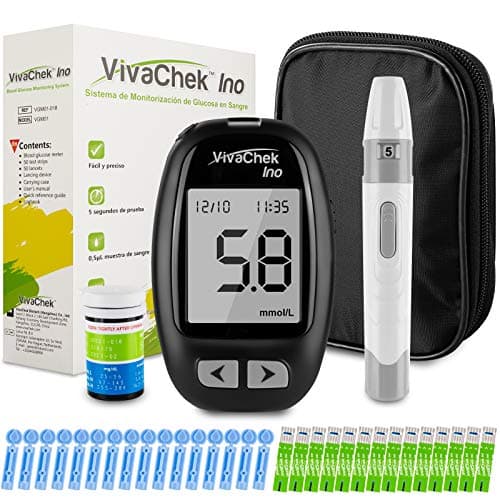 Medidor de glucosa en sangre, kit medidor azucar con tiras de 50, recordatorios de prueba y 900 memorias por VivaChek Ino glucometro - mg/dL