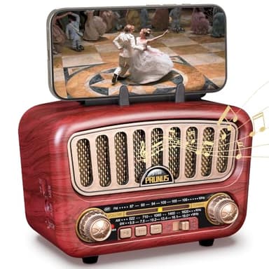 PRUNUS J-180 FM/Am/SW Radio Vintage Retro Woodgrain, Radio Portatil Pequeña Recargable de 1800mAh, Radios Transistor con Excelente Recepción, Altavoz de 5W con Bluetooth 5.0, Soporte USB/TF/AUX.