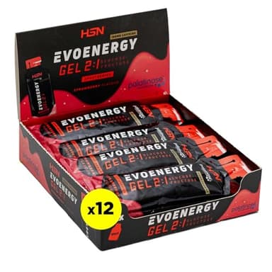 HSN Evonergy Gel Con Cafeína | Fresa - Caja 12 Unidades de 55ml | 30g Carbohidratos por Gel Relación 2:1 (Glucosa:Fructosa) | 100mg Sodio 100mg Cafeína | Textura fluida | No-GMO, Vegano, Sin Gluten