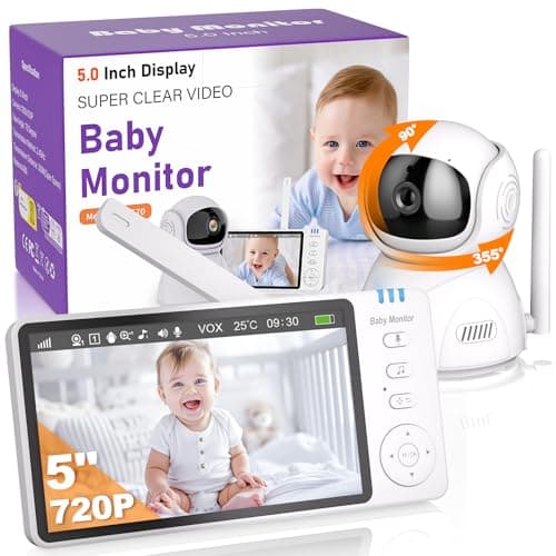 OBVHNUA Monitor para bebés, 5 Piezas, cámara para bebés, Pantalla HD de 720P, Monitor de Video para bebés con Movimiento Horizontal y Vertical, Zoom de 2X a 4X