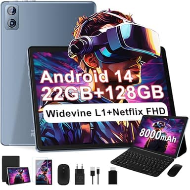2025 Newest Tablet Android 14 Tablet 10 Pulgadas, 22(6+16)GB RAM+128GB ROM/TF 2TB, 8000mAh, 8-Core CPU, 3D Face ID, Widevine L1, WLAN 6, BT5.0, GPS, 5MP+8MP, Tablet con Teclado+Ratón MetÃlica-Gris