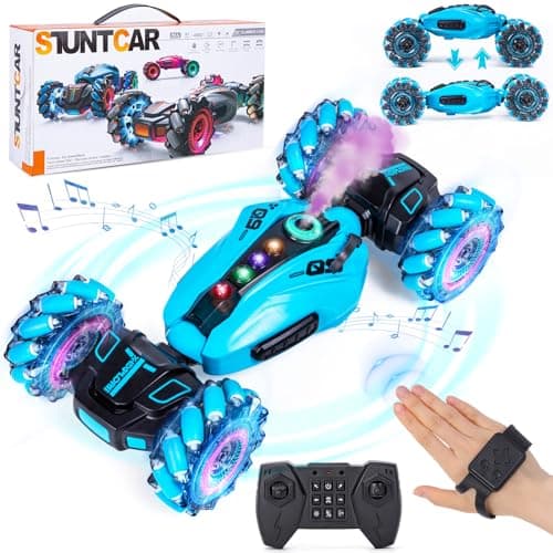 Highttoy Coche Teledirigido Niños,Coche Acrobacia Teledirigido 4WD Rotación Volteo de 360° Coche Drift Control Gestual con Spray, Música y Luces Juguetes Niños 6 7 8 9 10 Años Regalo Niño, Azul