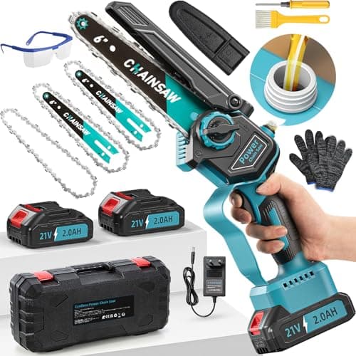 Mini Motosierra Bateria, Motosierra Eléctrica 6 Pulgadas 1000W Sin Escobillas 2 Baterías 2000mAh con Depósito Para El Aceite, Sierra Electrica, Motosierra de Mano para Podar Arboles de Jardinería