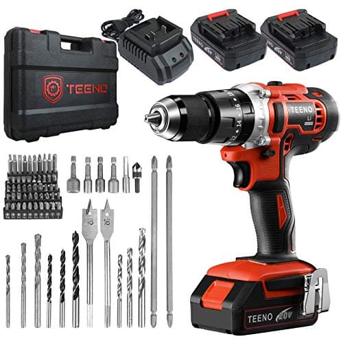 TEENO Taladro atornillador inalámbrico 2 x 2.0Ah baterías, destornillador desatornillador 45Nm Taladro percusión, 69 accesorios,2 Velocidad, LED Luz Para Hogar, Bricolaje