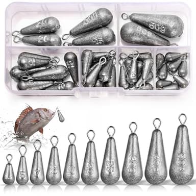 Annyswit 40 Piezas Pequeños Pesa de Pesca Mezclados 10 Tamaños 3.5g 5g 7g 10g 15g 20g 25g 30g 40g 50g Pesas de Plomos de Pesca de Hierro con Giratorio para Pesca en Aguas Profundas & Flotante & el Mar