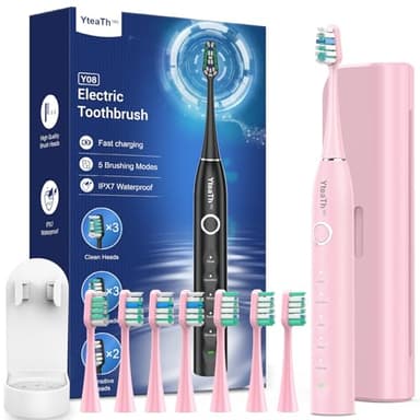 Cepillo de Dientes Eléctrico Sónico Adultos Infantil con 8 Cabezales - Cepillo Electrico Infantil con Estuche de Viaje, 5 Modos, IPX7 Impermeable, Cepillo Dientes Electrico Infantil, Rosa Cereza