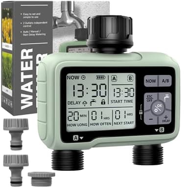 Temporizador de Riego Automático,Temporizador de riego 2 Salidas Jardín Temporizador de Agua Riego automático/Pantalla LCD/Modo de Bloqueo para niños/Retraso por Lluvia intensa/ IPX5 a Prueba de Agua