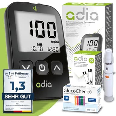 adia Glucómetro (mg/dl) + 60 tiras reactivas de glucosa en sangre + 110 lancetas maxi paquete de ahorro para el autocontrol de la glucosa en sangre en la diabetes