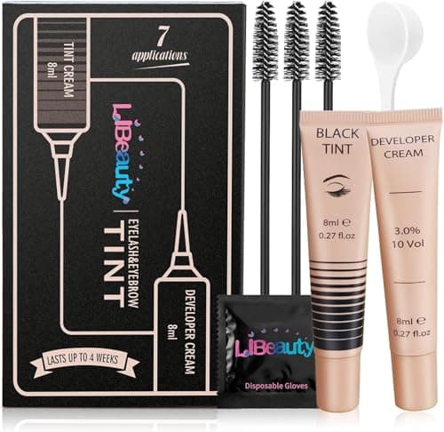 8ml Tinte Pestañas Negro, Libeauty Tinte de Pestañas, Tinte Cejas, Tinte Cejas y Pestañas con Herramienta, Negro Natural, Resultados de 6 a 8 Semanas, Uso en Salón y en Casa