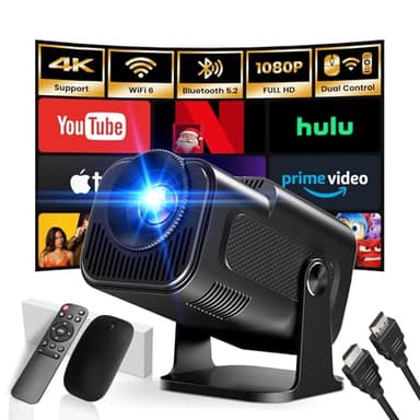 [App Integrada] 2025 Upgraded Proyector Portátil 1920x1080P 4K Supote Videoproyector Dual Control TV WiFi 6 BT5.2 180° Rotation HDMI/TV Stick/USB/PS5/Laptop, con Cable HDMI y Ratón Negro