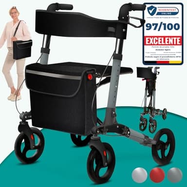 ELONEO Andador para Ancianos con Asiento - Ligero, Compacto y Plegable, Aluminio, 8 Alturas Regulables, Caminador para Mayores con Bolsa y Soporte para Paraguas, Compatible con Coches (Antracita)