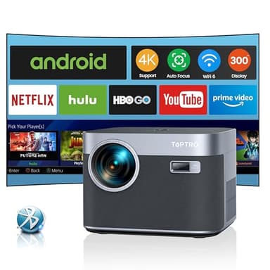 Proyector 【Android TV & Auto Focus/Keystone】Proyector WiFi Bluetooth 4K Soporte, 28000 Lúmen TOPTRO Proyector Full HD 1080P Nativo Cine En Casa Con Función Zoom Antipolvo para Movil USB HDMI Ethernet