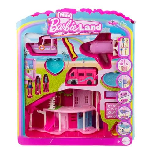 Barbie Mini Barbieland Dreamhouse y 3 vehículos, Set de Juego con casa de muñecas, 3 Mini Figuras, Dreamcamper, Barco, avión y Accesorios, Juguete Regalo para niños y niñas +4 años, JDB86