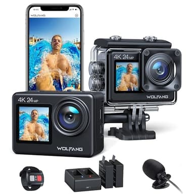 WOLFANG Cámara Deportiva GA200 4K 24MP Doble Pantalla WiFi Cámara de Video, Cámara Acuática Sumergible de 40M, 170° Gran Angular, Control Remoto EIS Mejorado, 2 Baterías, Cargador, Multi Accesorios