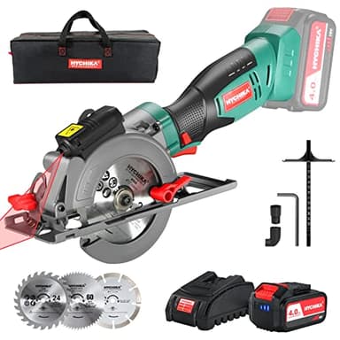 HYCHIKA Mini Sierra Circular Inalámbrica, Batería de 18V con 4.0Ah, Guía, 3500RPM, 48mm/90º&32mm/45º, para cortar Madera, Metal y Plástico, Cargador Rápido