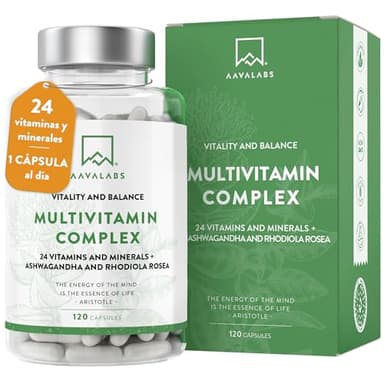 Multivitaminas con 24 Vitaminas y Minerales - Multivitaminas mujer y hombre - con Ashwagandha y Rhodiola Rosea - Multivitaminas y Minerales - 120 Cápsulas Complejo Vitaminico