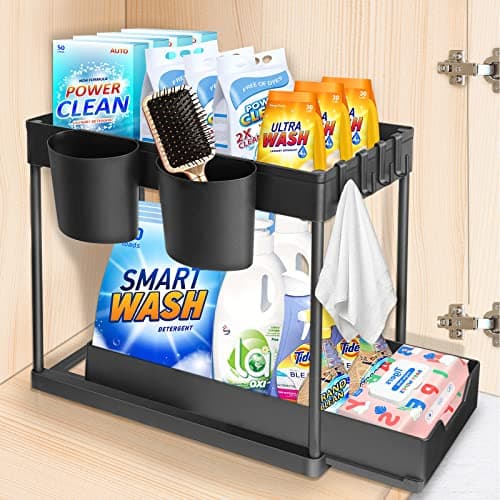 YOCOLE Organizador Bajo Fregadero 2 Niveles, Deslizable Estante Almacenamiento Debajo Fregadero con 4 Ganchos y 2 Cesta Colgante, Cajon Extraíble para Cocina Bano, Negro