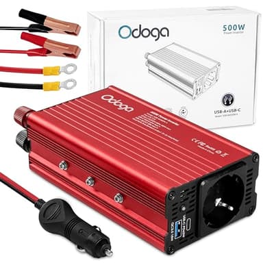 Odoga Inversor 12v 220v – Transformador 500W, Convertidor con Puertos USB-A y USB-C de 3A – Adaptador Mechero Coche a Enchufe – Cargue Sus Dispositivos en Autocaravanas, Camper Furgoneta y Coche