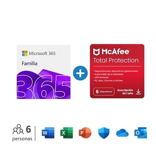 Microsoft 365 Familia | Hasta 6 personas | PC/Mac/tabletas/teléfonos | Suscripción 12+3 Meses + McAfee Total Protection | 6 Dispositivos | 12 Meses | PC/Mac/Android/Smartphones - Código por email