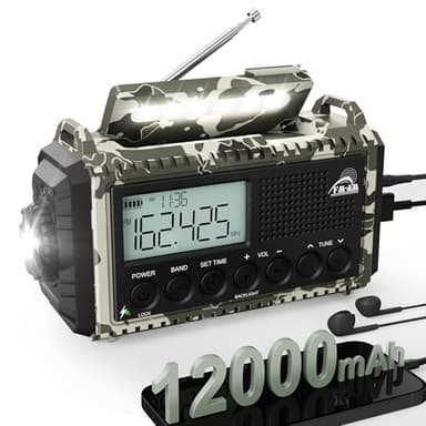 Radio Pilas Emergencia 12000mah, FM/Am/SW Radio Portatil, Solar, Bateria Recargable, Lámpara Lectura, Linterna, SOS，USB/Tipo C, Radio Dinamo para Acampar, Senderismo, Emergencia(Camuflaje Gris)