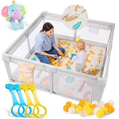 Akeraq Parque Infantil Bebe 150x150cm + Esterilla Acolchada Reversible + 50 Bolas + 4 Agarraderas + Juguete Sonajero + Bolsa transporte, corralito bebe acolchado, Parque de Juegos Bebe