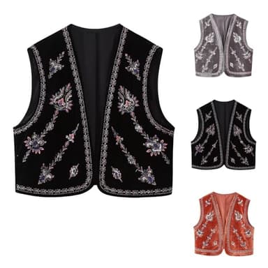 Chaleco bordado para mujer, floral, sin mangas, parte delantera abierta, ombliguera, boho, chalecos de ganchillo, blusa, chalecos para mujer, 010- Negro, L
