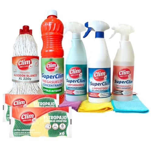 Clim Profesional Lote de Limpieza Hogar: 3 Bayetas de Microfibra Colores | 1 Fregasuelos Citrus | Pack 3 Superclim Limpia todo, Desengrasante y Limpia baños | 12 Estropajos Vegetal | 1 Fregona Algodón