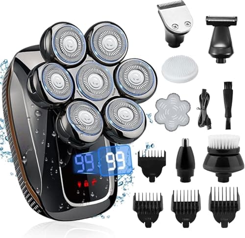 Rushmore Rose USA Afeitadora Cabeza Hombre, Maquina Afeitar Cabeza 6 en 1, Uso Húmedo y Seco, Recargable con Pantalla LED, Multifuncional para Nariz Rostro, Hombres Adultos