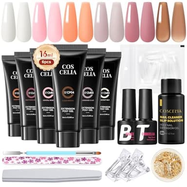 COSCELIA Kit Uñas de Gel, 6 Colores Poly Nail Extension Gel, Base y Top Coat Slip Solution, Gel Extensión de Uñas Kit para Principiantes Art DIY en Casa
