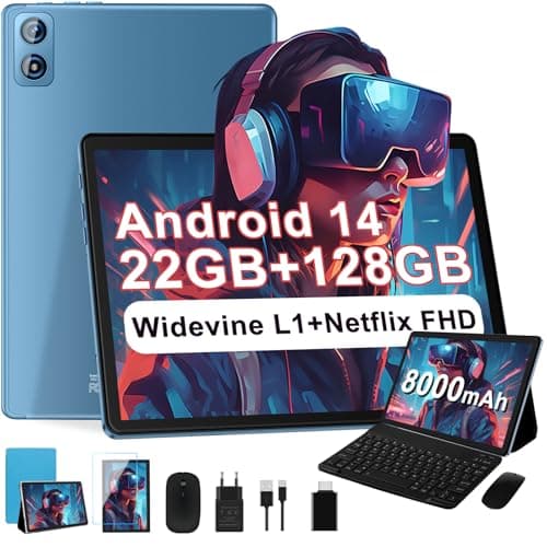 2025 Newest Tablet Android 14 Tablet 10 Pulgadas, 22(6+16)GB RAM+128GB ROM/TF 2TB, 8000mAh, 8-Core CPU, 3D Face ID, Widevine L1, WLAN 6, BT5.0, GPS, 5MP+8MP, Tablet con Teclado+Ratón MetÃlica-Azul
