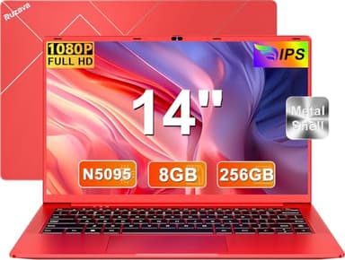 Ordenador Portátil 14 Pulgadas Celeron N5095 Up to 2,9 GHz Win11 8GB RAM 256GB SSD Expansión 1TB 5G WiFi Portatil 1920x1080 FHD BT4.2 HDMl USB 3.0 con Mouse Español Película - Rojo Metal Portatiles