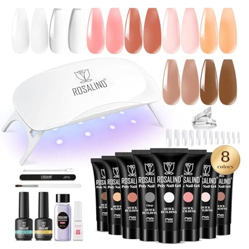 ROSALIND Gel Extensión de Uñas Kit Completo 8 Colores 10ml, Kit Uñas de Gel con UV Lámpara, Base Top Coat y Herramientas de Manicura, Poligel Kit Completo para DIY para Principiante en Casa
