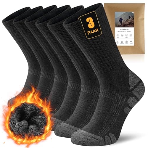 FORVEVO 3 Pares Calcetines Trekking Lana Merino Hombre 43-46, Calcetines Termicos Frio Extremo, Calcetines Invierno Hombre, Calcetines Lana Merino, Calcetines Deporte Transpirables（Negros）