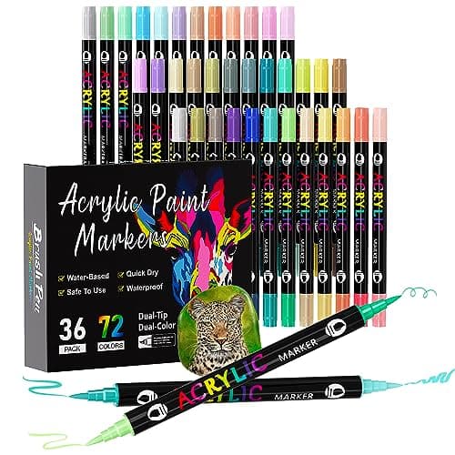Sonlaryin Rotuladores Acrilicos 72 Colores 36 Piezas, Rotuladores de Pintura Acrílica Doble Punta con Fina y Pincel, Rotuladores para Roca, Cristal, Cerámica, Plastico, Tela, Metal