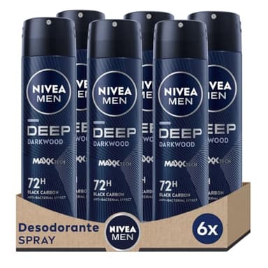 NIVEA MEN DEEP Darkwood Spray en pack de 6 (6 x 150 ml), desodorante de hombre con protección 72 h, desodorante antitranspirante para el cuidado masculino