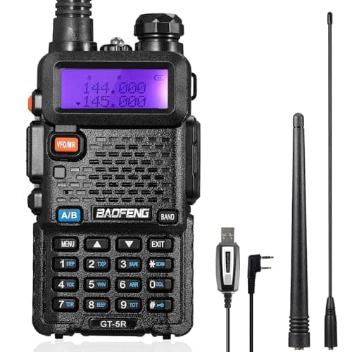 BAOFENG GT-5R Walkie Talkie, Radio Bidireccional UHF VHF con 144-146/430-440MHz, Walkie-Talkie de Largo Alcance con 128 Canales, Batería de 1800mAh, Auricular, Antena de 396mm, Cable de Programación