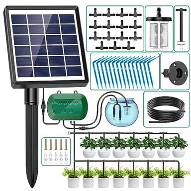 AnseTo Sistema de Riego Solar para Jardín, Kit Riego por Goteo Solar con 15 Micro Cabezales de Goteo, Riego por Goteo Automatico para Vacaciones Terrazas de Balcones Invernaderos Macetas Plantas