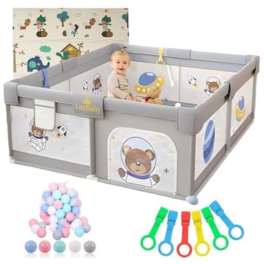 LuxBaby® Parque Infantil Bebe 120x120 Cm (Máxima Seguridad, Alfombra 1 Cm Grosor + 60 Bolas + 6 Agarraderas) - Parque Bebe - Corralito Bebe Acolchado - Corral Bebe Ideal Para Regalo